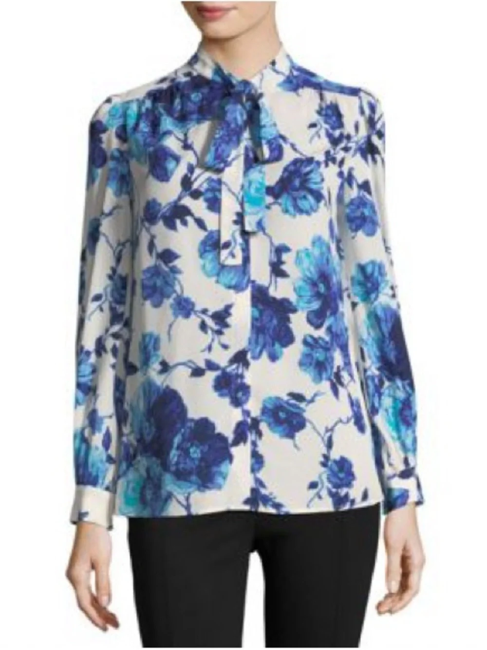 Tory Burch Blue and White Floral Bow-Neck 100% Silk Blouse